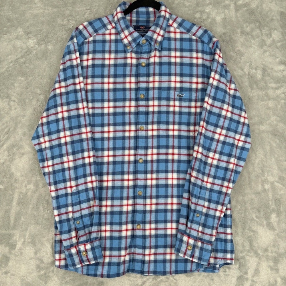 Vineyard Vines Men Classic Logo Plaid Flannel Button Down Shirt Red White Blue L